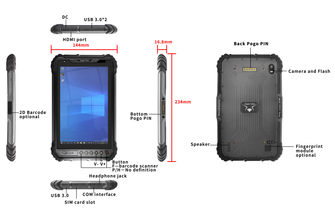 Tablet robusto UHF de 8 polegadas com sistema operacional Windows 10/11 Intel i5-8200Y 8 GB 256 GB